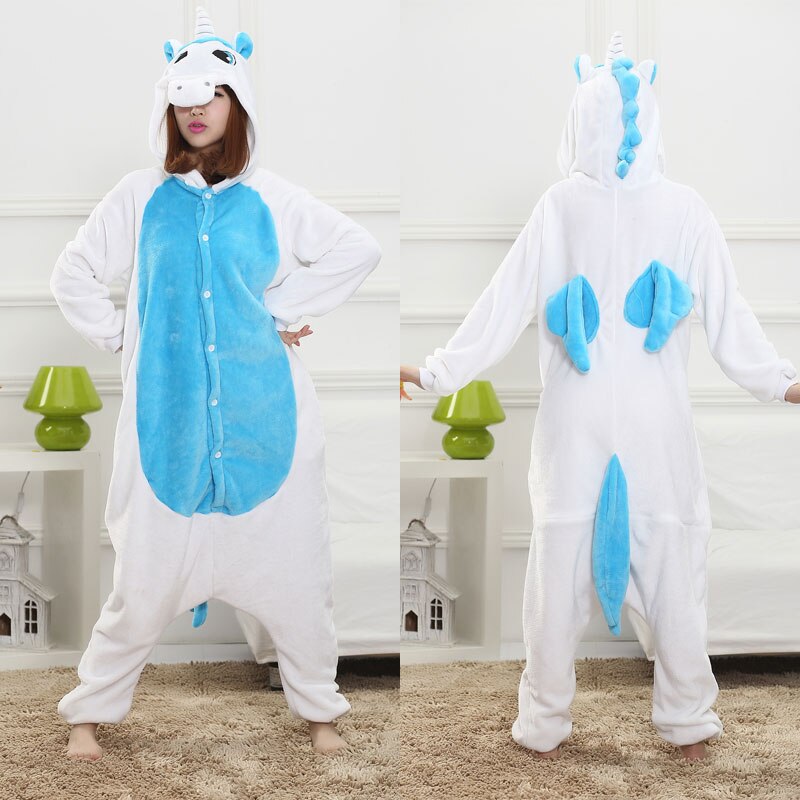 Blue White Unicorn Kigurumis Unisex Pajama Women Girl Adult Sleepwear Flannel Warm Home Jumpsuit Animal Funny Cute Onepiece Suit: XL