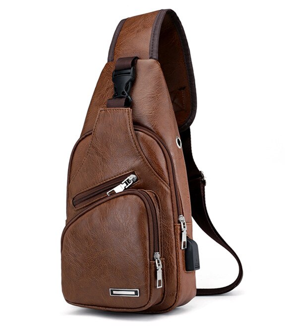 Crossbody Bags USB Chest Bag Messenger bag Leather Shoulder Bags Diagonal Package travel bag: light-coffee