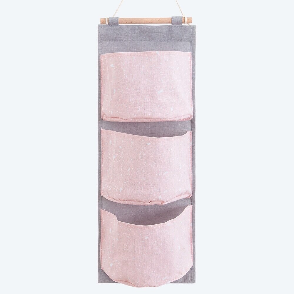 Cotton Linen 3 Pockets Hanging Storage Bag Door Back Wall Bedside Cabinet Grocery Hanging Organizers : QE2607 (1pc)