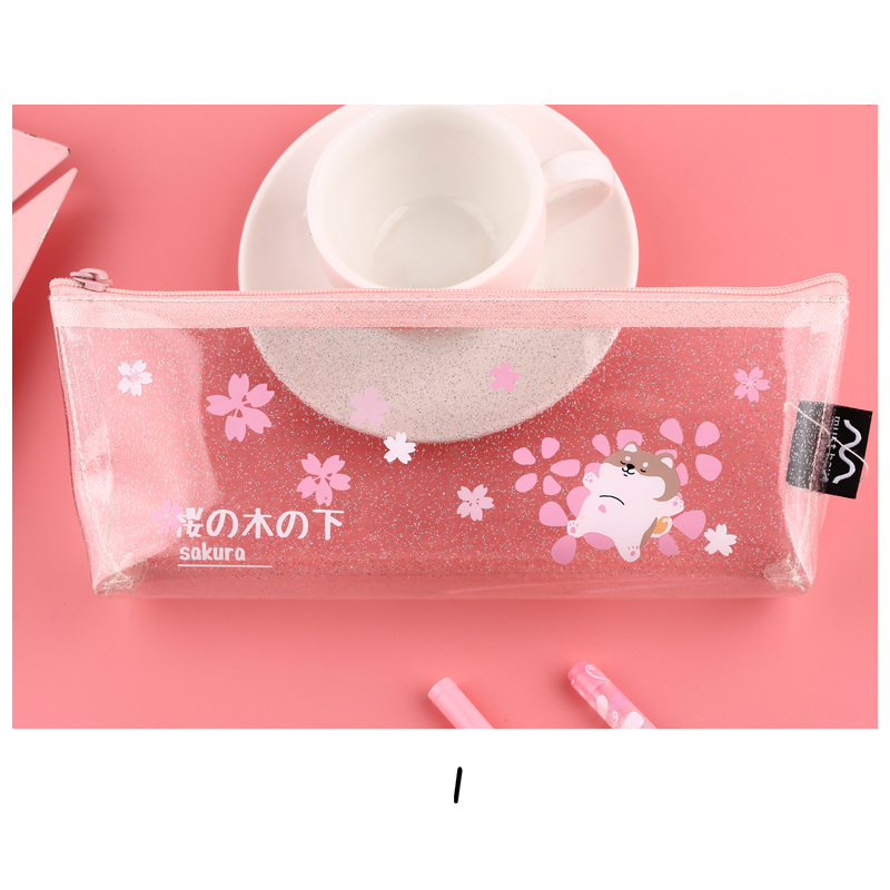 Mr.Paper 4 Designs Pink Cherry Blossom Shiba Inu Transparent Pencil Bags School Case Student Large Size Pencil Bags: 1