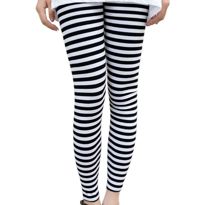 Women Ankle Length Skinny Leggings Black White Horizontal Striped Pants