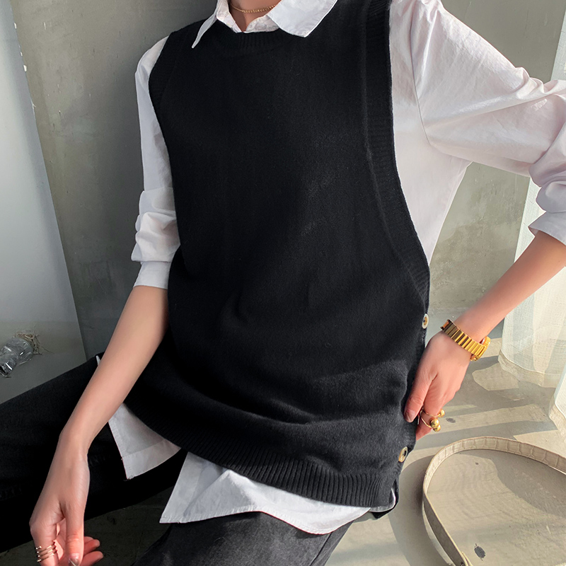 Lhzsyy - chaleco de cuello redondo para mujer, de lana pura, holgado, para exteriores, de punto, sin mangas, de cachemira, para primavera y otoño