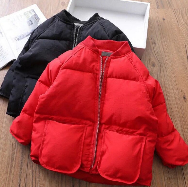 3-8Y Winter Children Down Jackets Black/Red Solid Color Zipper Rib Collar Cotton Coat Boys Girls Jacket 3-8Y