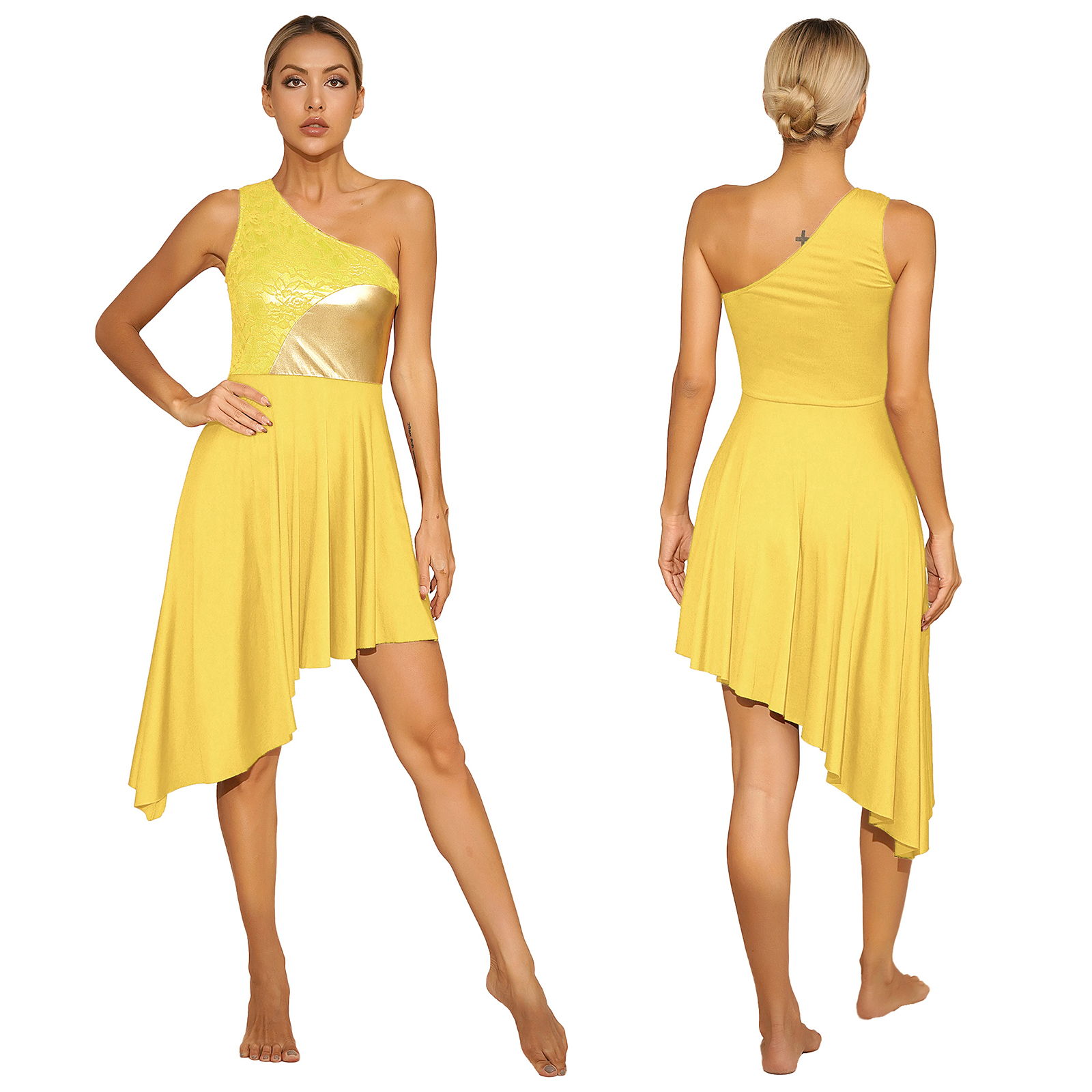 Womens Moderne Lyrische Wals Ballroom Dance Dress Kerkkoor Lof Kostuum Één Schouder Asymmetrische Zoom Jurken Danskleding: S / Bruin