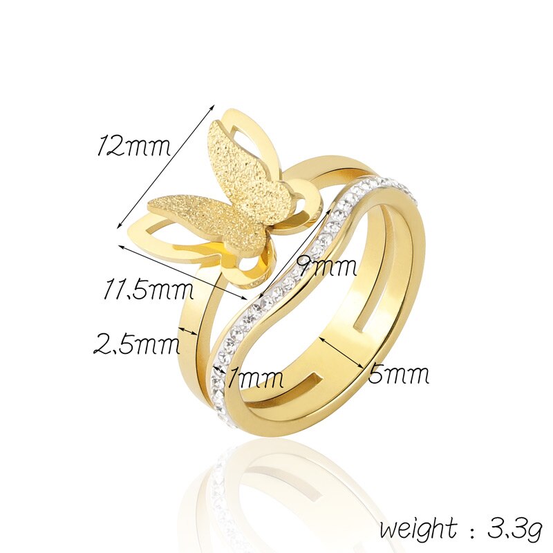 Koreanischen Stil edelstahl Schmuck matt Schmetterling Kristall Ring Frau Party Liebe Gft