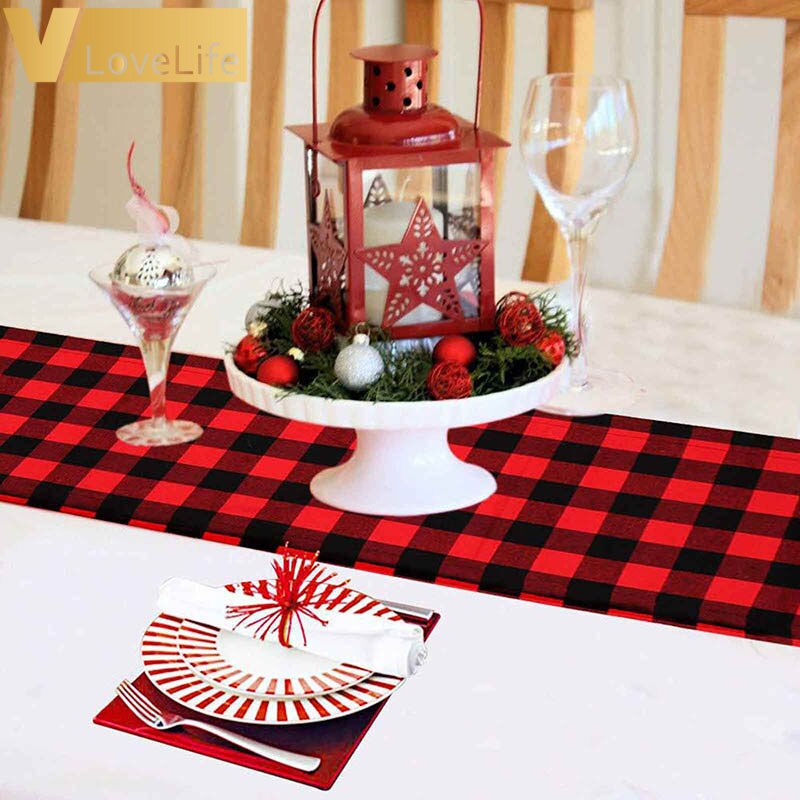 Christmas Buffalo Plaid & Burlap Table Runner Year Themed Party Decoration Burlap Table Runner