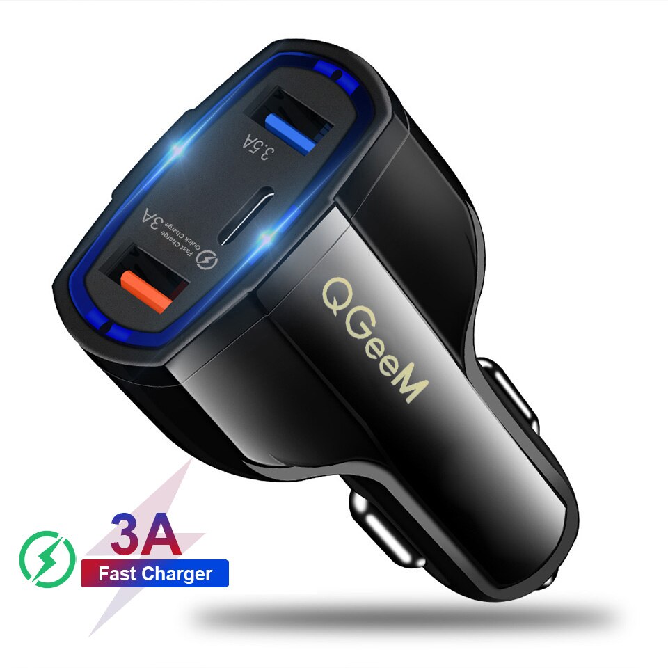 Qgeem Qc 3.0 Usb C Auto-oplader Quick Charge 3.0 Auto Fast Charger Adapter Hamer 3 USB-C Draagbare Auto-oplader voor Iphone Xiaomi: Nobel Black