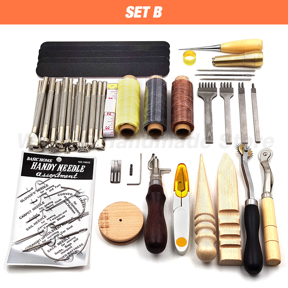 Leathercraft Tool Set Kits Pine Wood Hand Stitching Clamp Leather Punching Carving Saddle Groover Tools Storage Leathercraft DIY: SET B