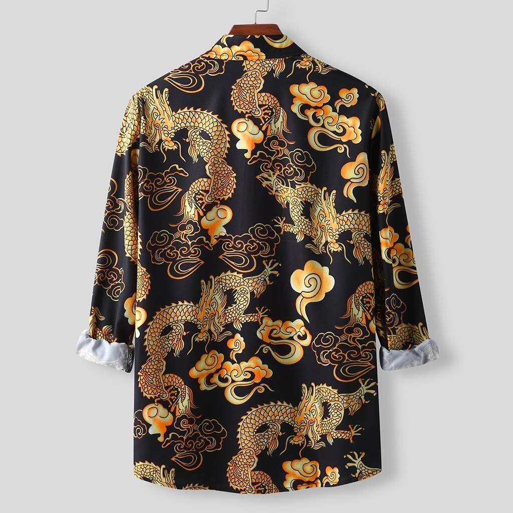 Feitong Dragon Printed Hawaiian Shirt Mens Summer Autumn Loose Turn-down Neck Long Sleeve Shirt Blouse Tops Male