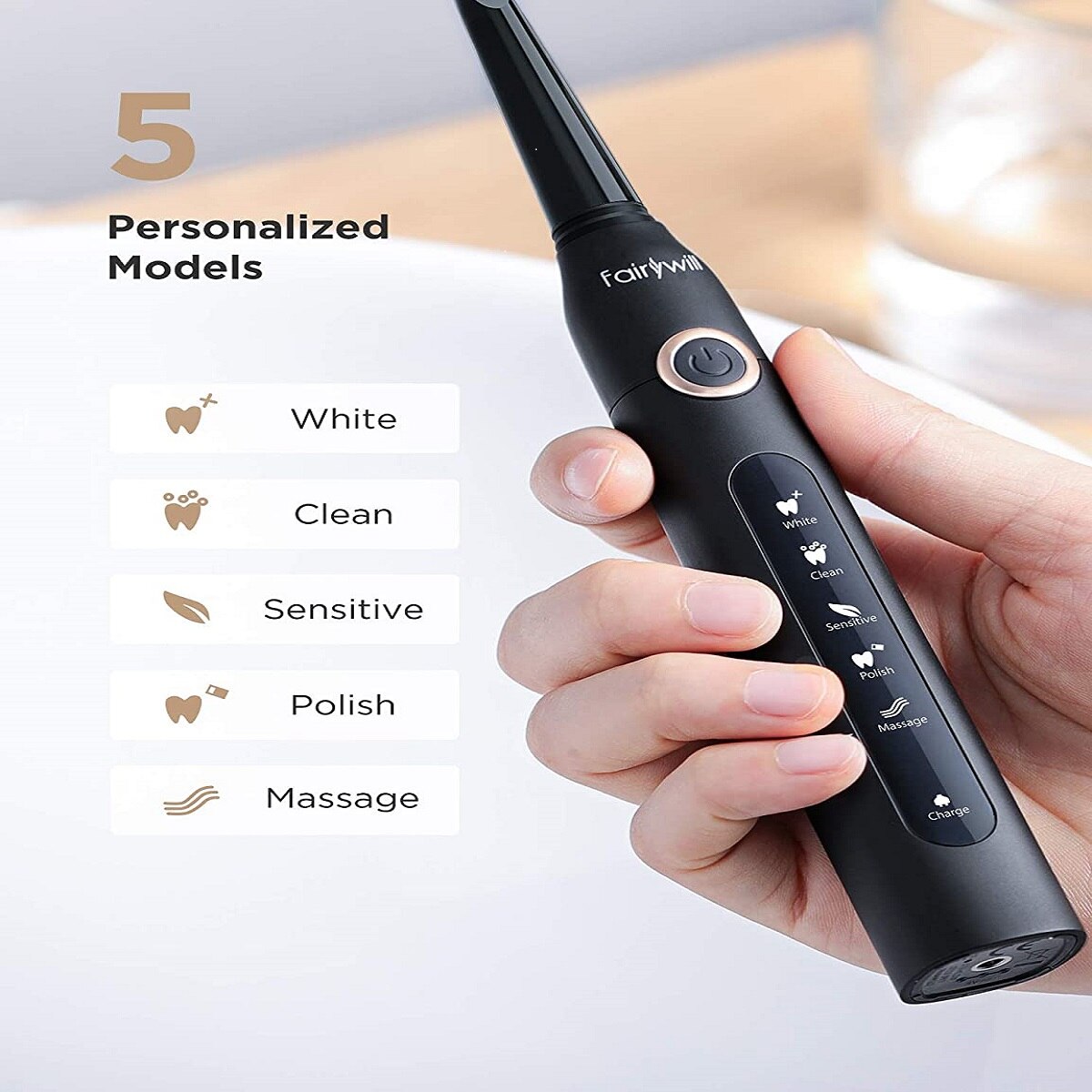 Fairywill Sonic Electric Toothbrushes FW-507-BW Combination USB Rechargeable for Adult Kids Replacement with 10 Heads 5 Modes
