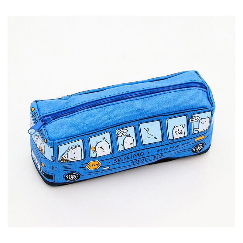 Gran capacidad de autobús de dibujos animados en forma de estuche de tela para lápices Kalem Kutusu de oficina material escolar lápiz bolsa de caja para niños: Blue