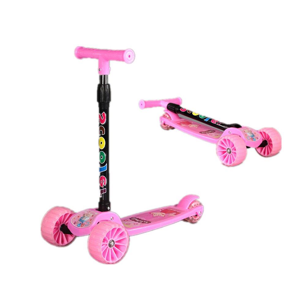 Adjustable Children's Kick Scooter LED Light Up 4 Wheels Folding Foot Scooters Children City Roller Skateboard for Kids: Pink