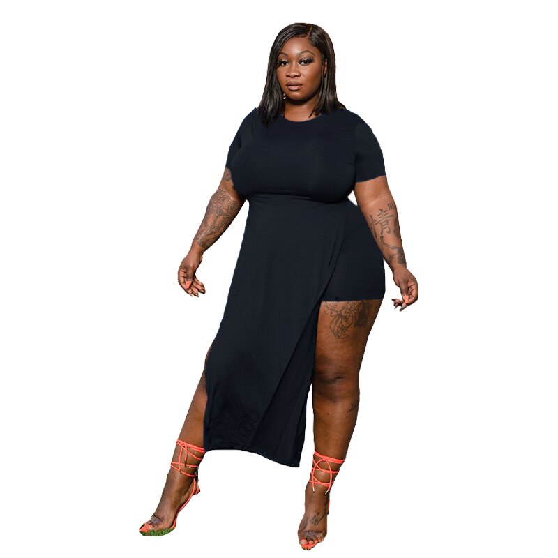 CM.YAYA Women Plus Size Tracksuit Solid Short Sleeve Split X-long T-shirt Strechy Short Two 2 Piece Sets Sporty Outfit Summer: Black / XL