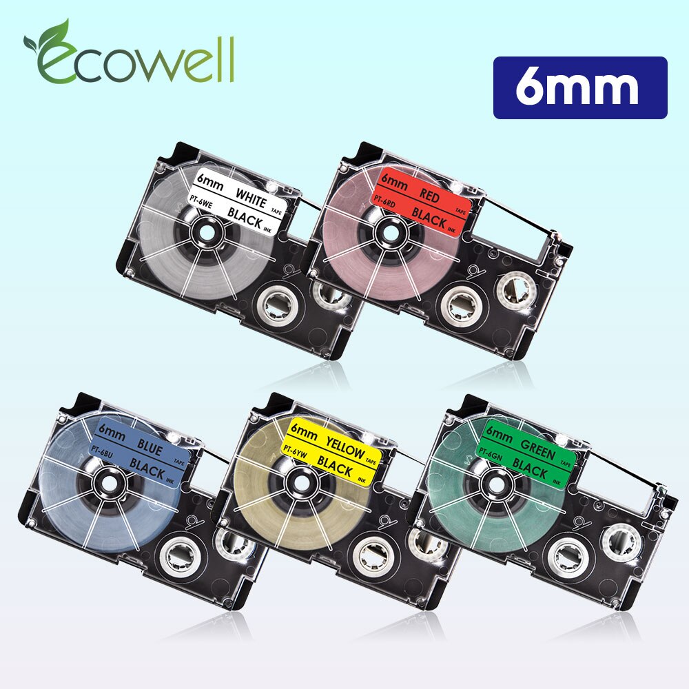 Ecowell 6mm taśma do Casio XR-6WE XR-6X XR-6RD XR-6BU XR-6YW XR-6GN taśma z etykietami XR-6SR XR-6GD dla Casio KL-60 KL-120 drukarka do etykiet
