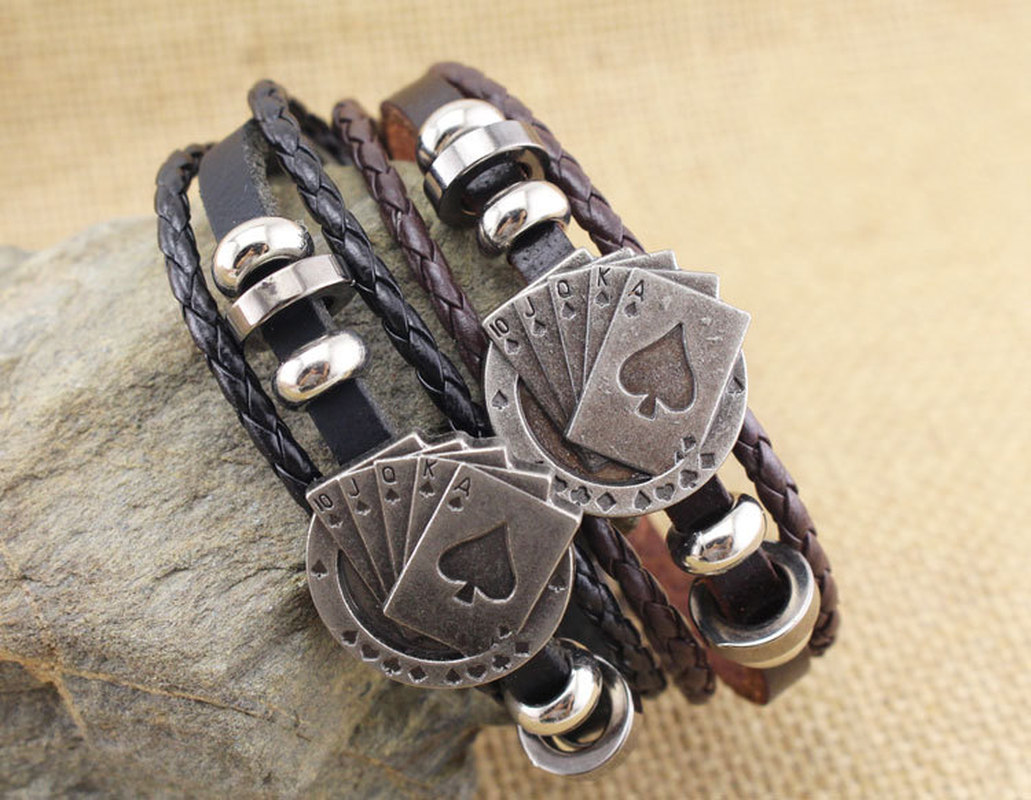 Three-layer Woven Playing Card Leather Bracelet Lucky Vintage Men's Leather Bracelet Raja Vegas Charm Multilayer Braided Women