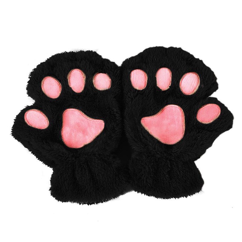 Winter Women Cute Cat Paw Claw Plush Mittens Short Fingerless Finger Half Gloves -Y107: Black