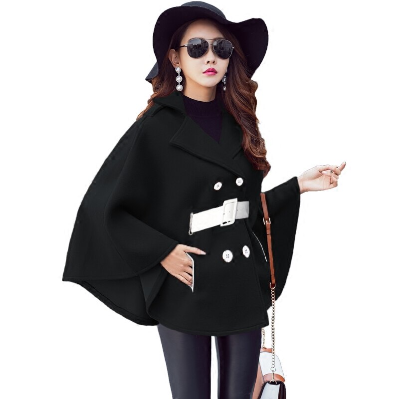 Fall Winter Woolen Shawl Cape Poncho Coat With belt Women Korean Long Sleeve Plus Size Ladies Woolen Cape Coats