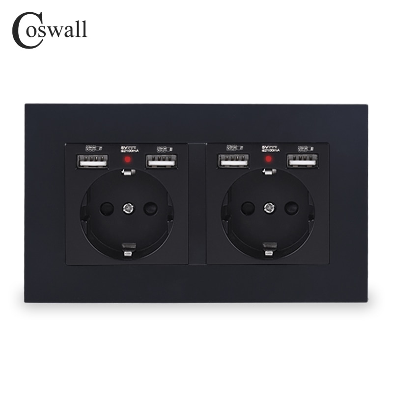 Coswall mærke 2 gang rusland spanien eu standard vægstik med 4 usb ladeport skjult blød led indikator pc panel sort hvid