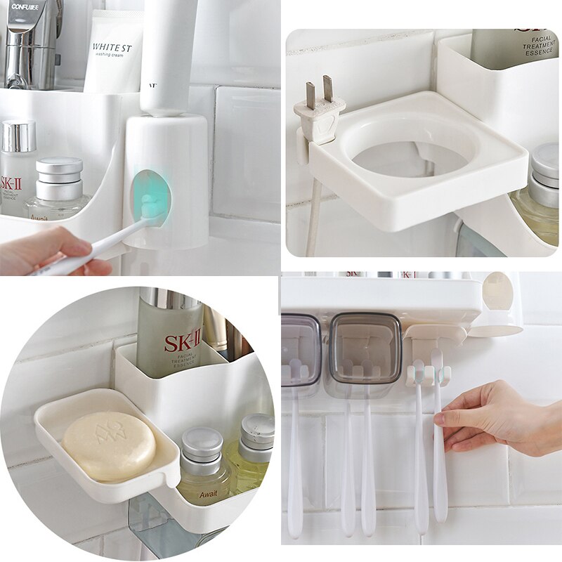 Multifunctional Toothbrush Holder with Cup Wall Mounted Bathroom Organizer Toothpaste Dispenser Plastic Storage Rack Soap Holder