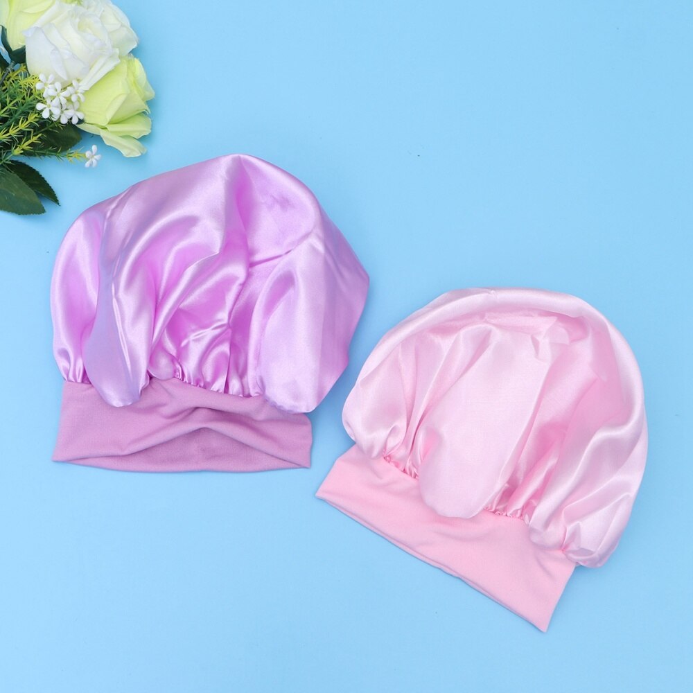 2pcs Nightcap Wide Side Elastic Sleeping Cap Hair Loss Cap Hats Chemotherapy Cap for Girls (Black): As Shown 2