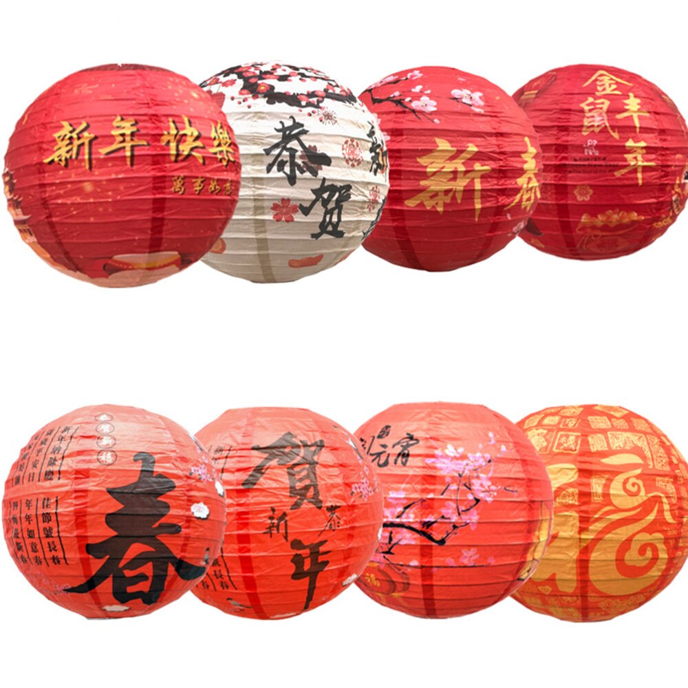 6pcs Chinese Year Paper Lanterns Red Celebration Decoration Round Hanging Lantern Party Supplies (Happy Year, 30cm)