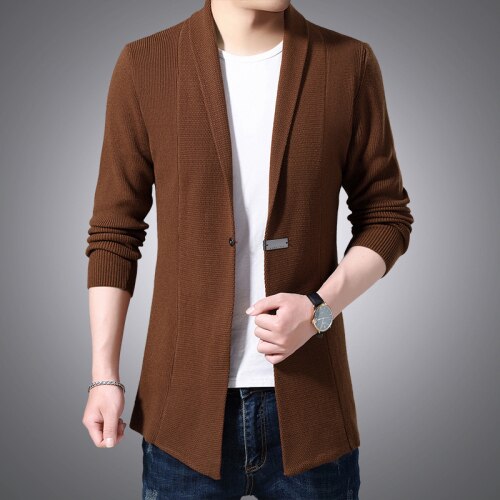 Cardigan herre gensere vår høst menn casual cardigan jakke mann ensfarget lang genser vindjakke single button coats: Karamell / L