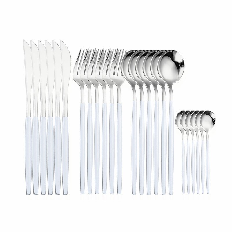 Gold Cutlery Tableware 24 Piece Knife Fork Spoon Set Polishing Flatware Forks Spoon Set Stainless Steel Cutlery Dinnerware Sets: white silver 6sets