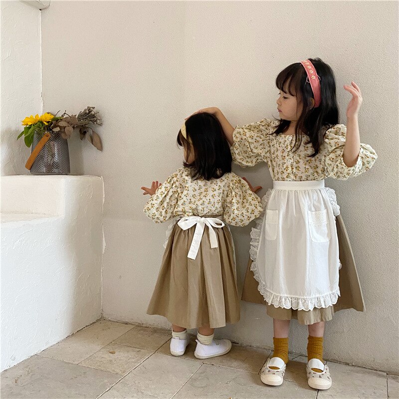 Autumn Girl Maid Skirts Toddler Children Two-Piece Lace-up Apron Skirt Baby Solid Color with Pockets Cotton Skirts