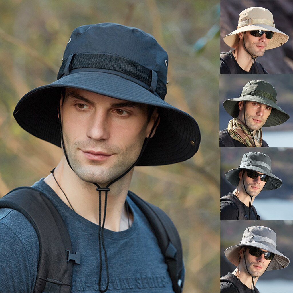 Mens Summer Outdoor Sun Hat Sun Protection Breathable Solid Fisherman Cap Foldable Lacing Bucket Hat Gorras Hombre