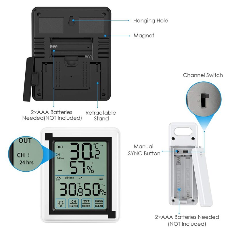 Tryck på skärm väderstation + utomhus prognos sensor bakgrundsbelyst termometer hygrometer trådlös väderstation
