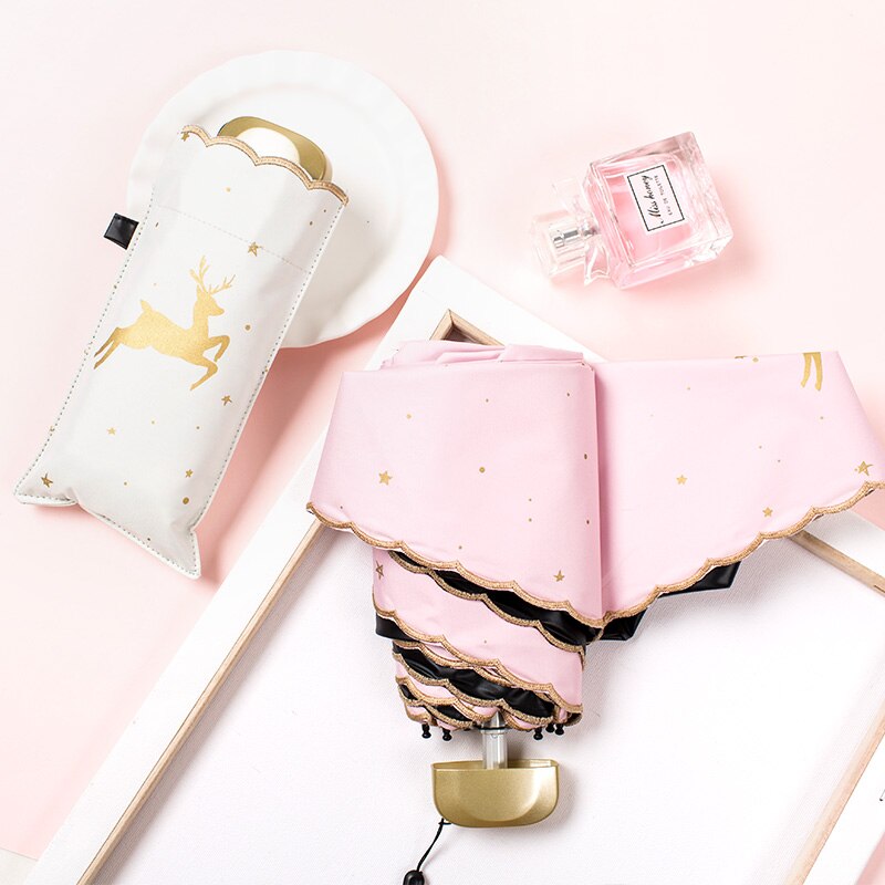Mini Rosa Tasche Regenschirm Frauen Uv Kleinen Regenschirm Hirsch Druck Sonne Regen Damen Schwarz Beschichtung Fünf-Falten Bumbershoot