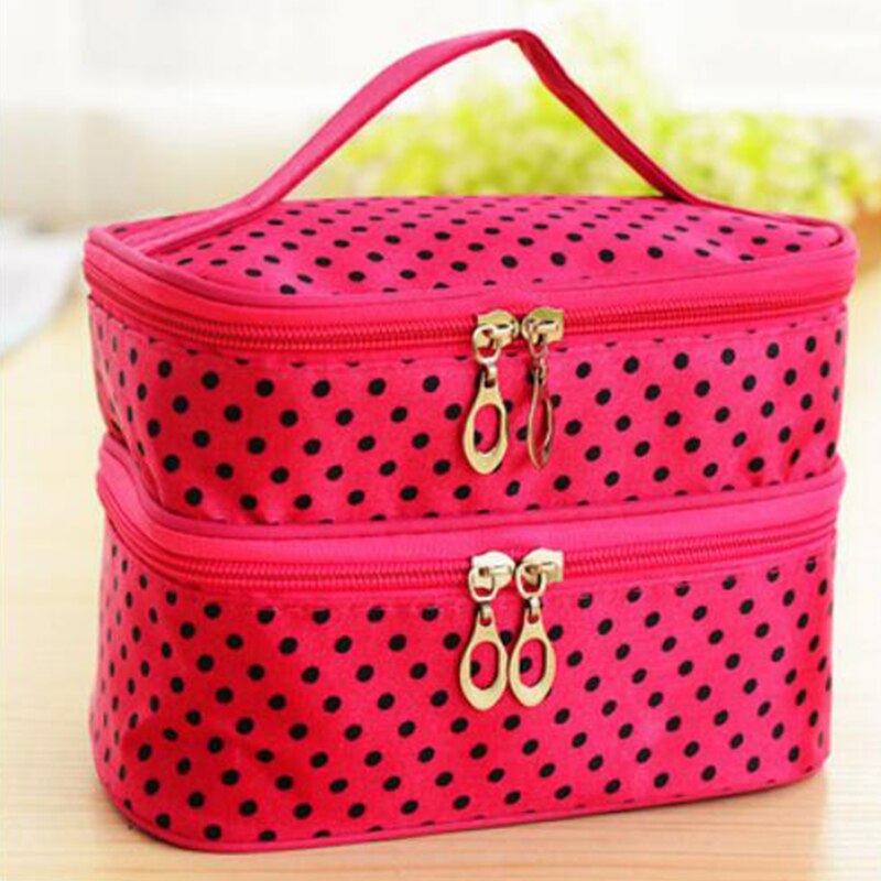 Saco de maquiagem de dupla camada portátil com zíper saco de cosméticos feminino caso beleza bolsa multifuncional moda dot print saco de produtos de higiene pessoal: Rose red