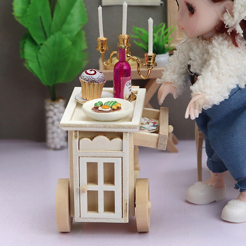 1:12 Dollhouse Miniatuur Restaurant Keuken Trolley Dining Winkelwagen Twee Lagen Houten Meubels Pop Decor Speelgoed