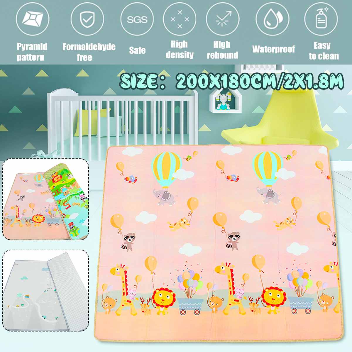 200x180cm LDPE Baby Crawling Play Mat Game Rug Children Carpet Cartoon Floor Cover Mat Carpet Foldable Non-Slip Playing Mats