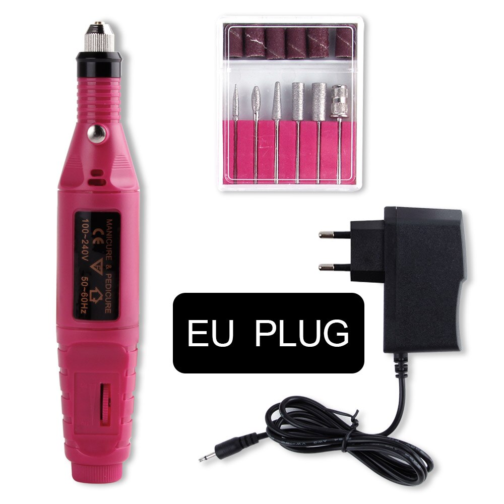 Electric Nail Drill Set Manicure Machine Pedicure Tool 6 Bits Sanding Buffer Apparatus Strong File Pen USB Charging: EU Plug Rose Red