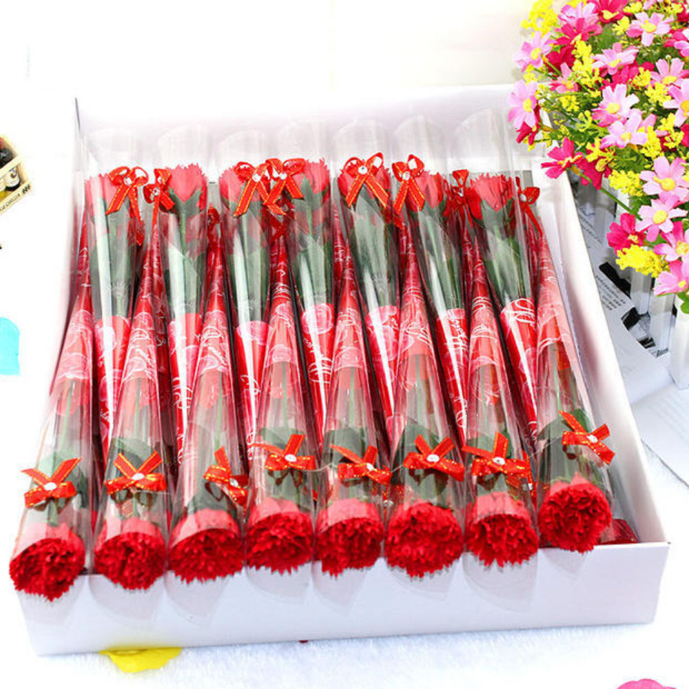 1 Piece Single Stem with Plastic Packaging Soap Made Flowers Artificial Carnation Bouquet Valentine's Day