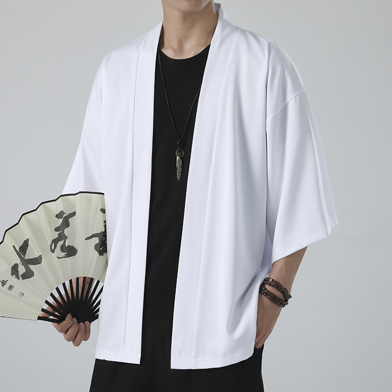 Summer Men Solid Color Kimono Cardigan Big Size 3XL Women Simple Haori Japanese Traditional Costume 6 colors Yukata Kimono Coat: L / WHITE