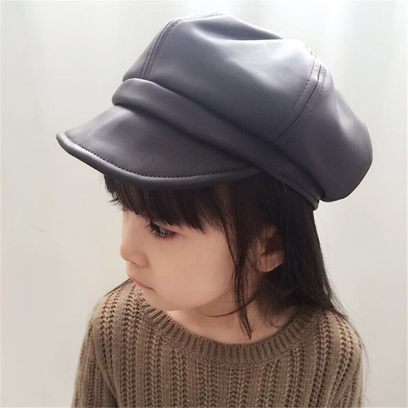 Winter children Girls PU Leather Newsboy Caps Kids Girls Autumn octagonal cap Child hat Autumn: Black