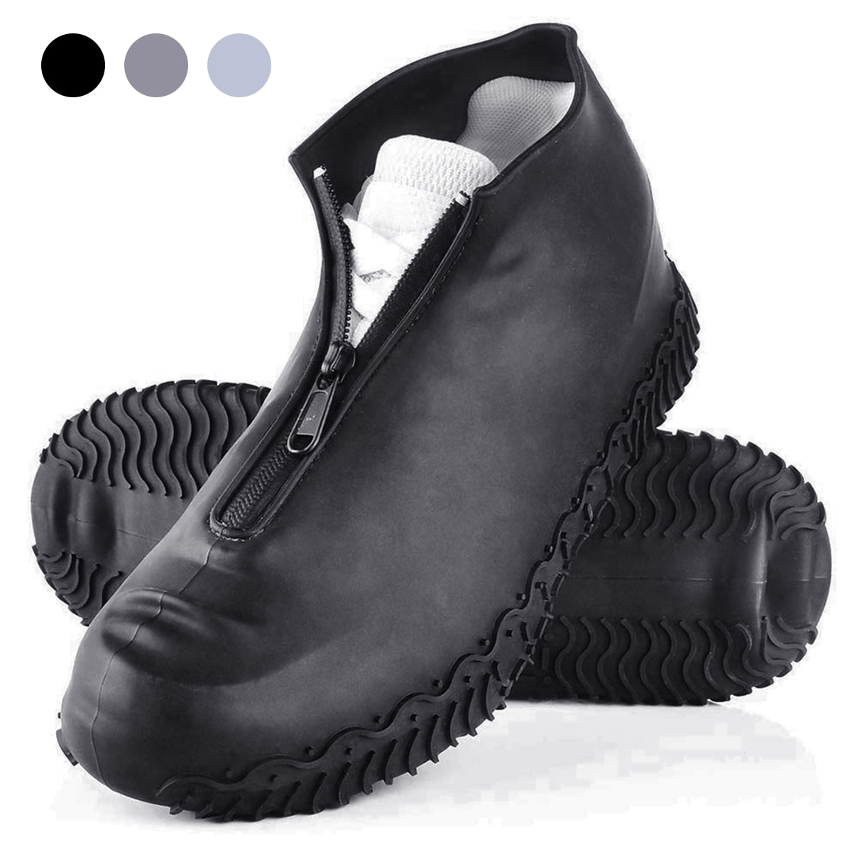 新 1 ペア防水靴カバー再利用可能な折りたたみないスリップシリコーン雨靴ジッパー屋外靴プロテクターでカバー: Black L