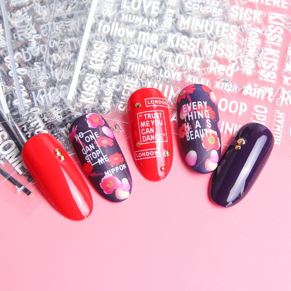 1pc holle letters nail art stickers 3d zwart wit zilveren zelfklevende decal nagel wrap decoratie tips stijl accessoires lacb 122-124