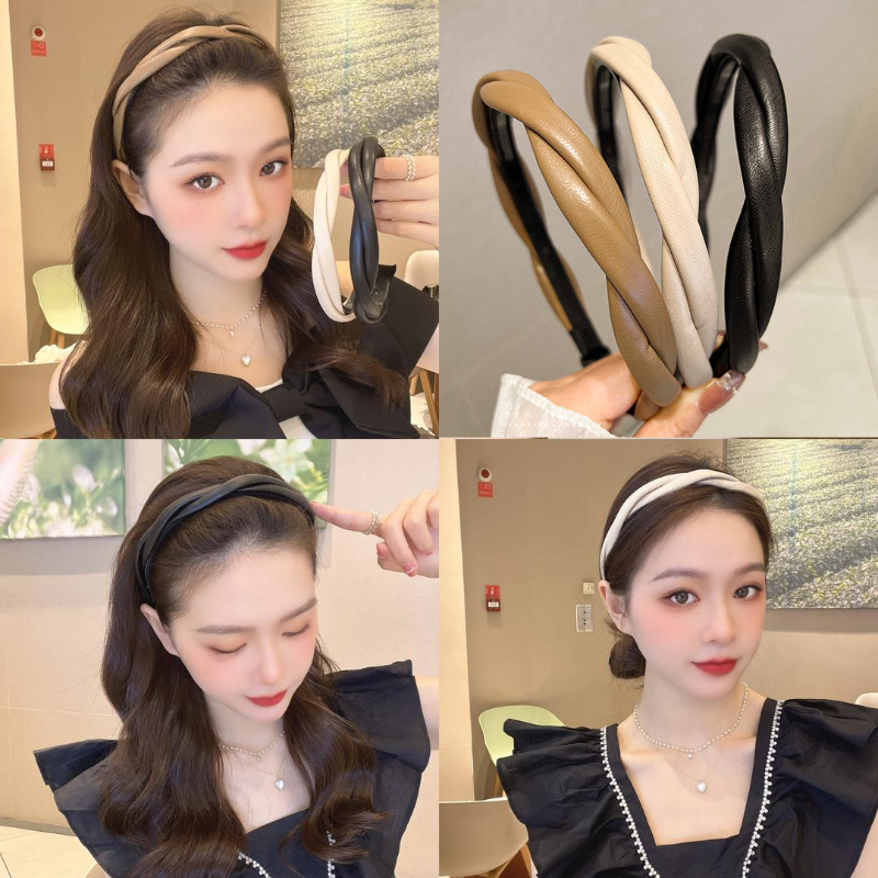 Diadema de cuero PU para mujer, turbante trenzado antideslizante, accesorios para el cabello Vintage, nueva
