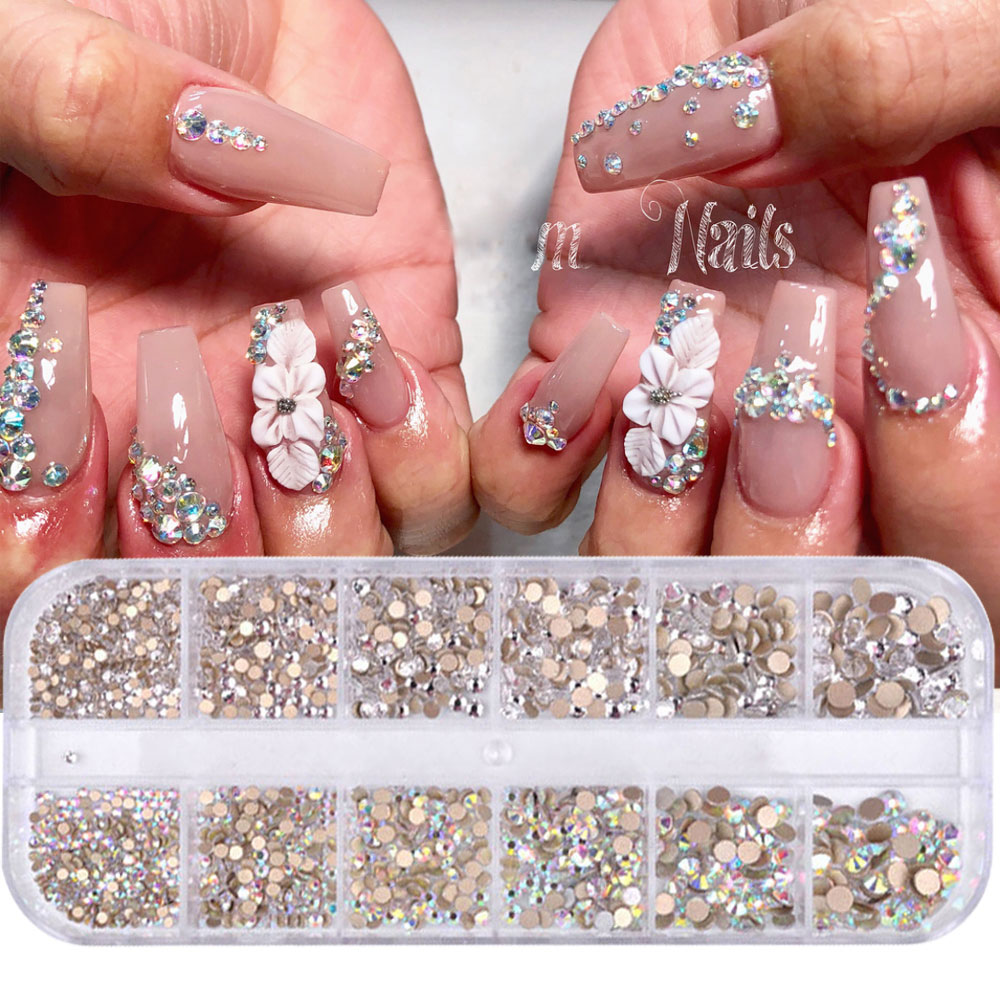 12 Grids Wit Ab Nagels Art Rhinestones Voor 3D Nail Art Decoratie Kristalglas Platte Achterkant Nail Diamant Gem Glitter steentjes