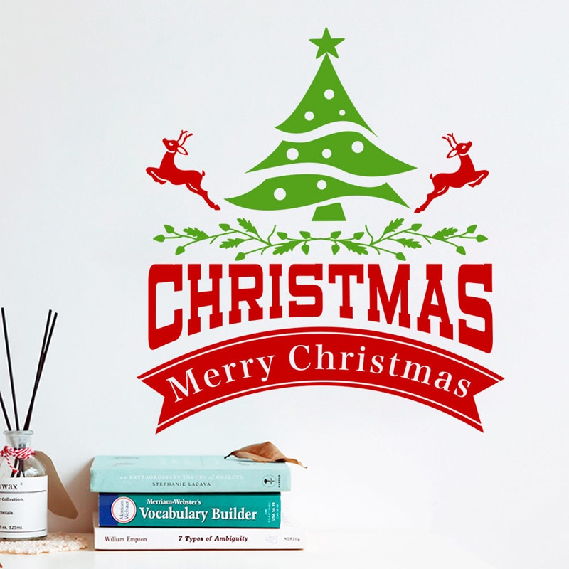 Merry christmas tree wallsticker jul elgfestival dekorasjon stue boliginnredning vindusglassdør år klistremerker