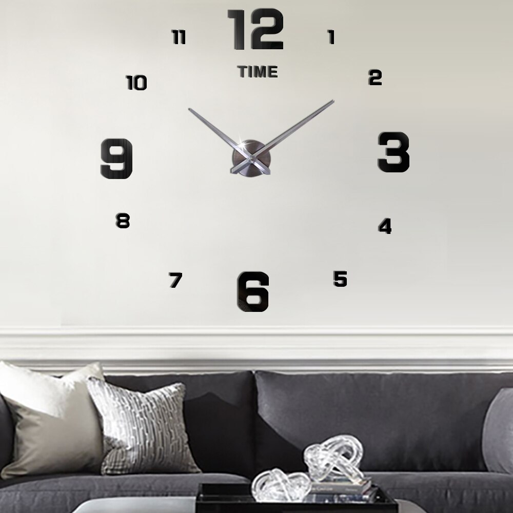 Horloge murale 3D à Quartz, moderne, 47 pouces, à miroir, autocollant, décoration du salon, en acrylique, DIY: Black
