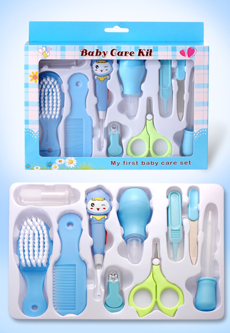 10 Stks/set Baby Gezondheidszorg Nail Haar Thermometer Grooming Brush Kit Clipper Schaar Multifunctionele Kid Toiletartikelen Kit Babyverzorging: blue