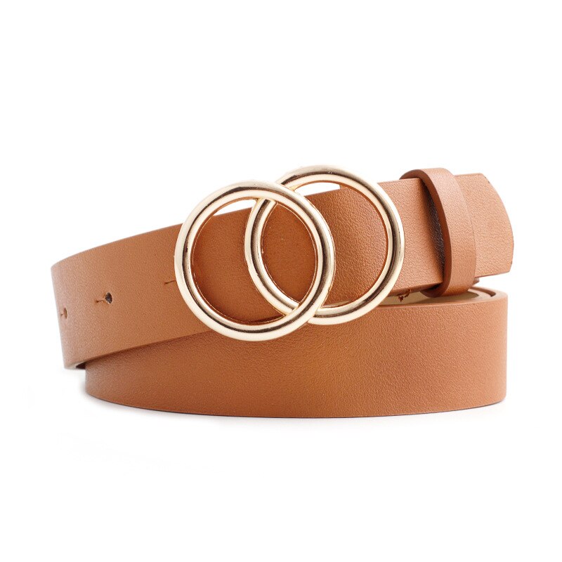 Women Gold Black Silver Big Double Ring Circle Buckle Belt Waistband Female Ladies Wide Leather Straps Belts for Jeans: Style 3 Camel