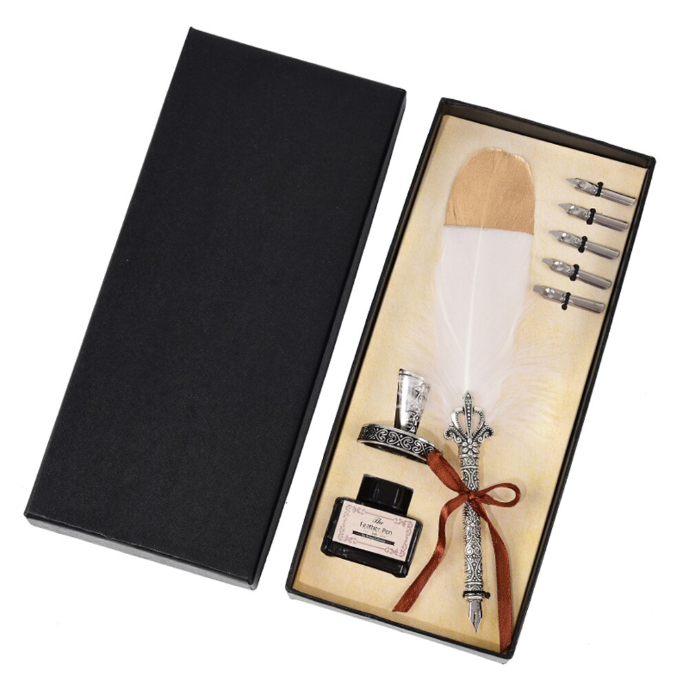 Vintage Calligraphy Feather Dip Pen Pen Handle 2/5 Nib Writing Ink Set Quill Fountain Pen Writing Set Birthday: 5 Nibs White B