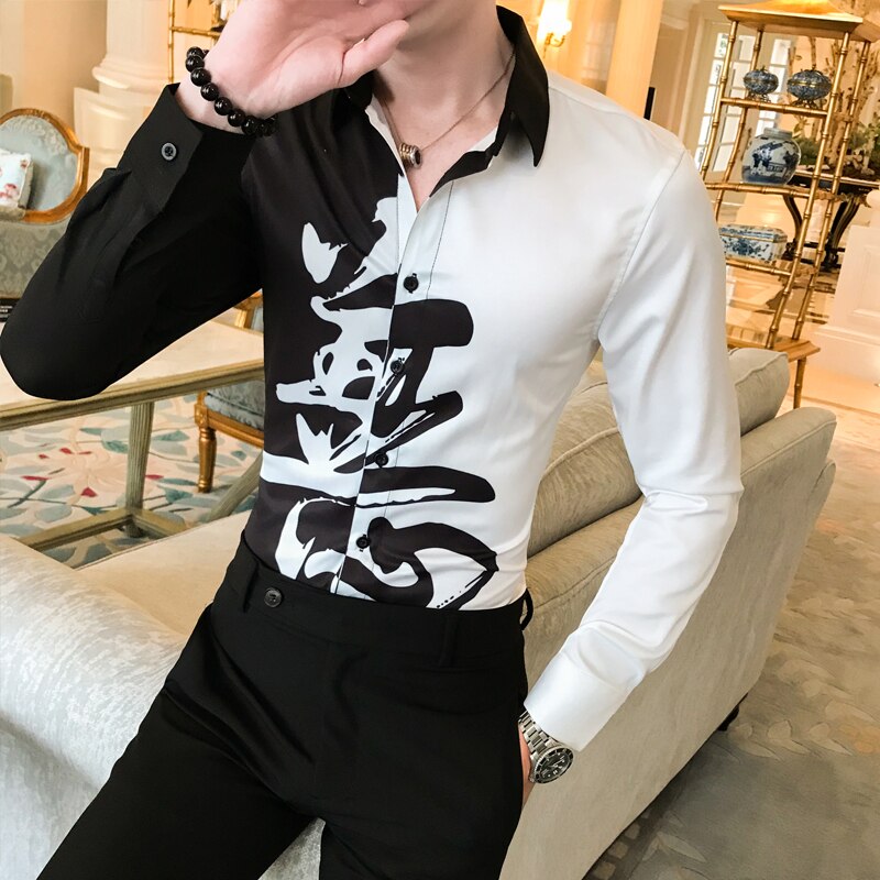 Casual skjorter slim fit festtøj bluse mænd efterår mænd skjorte patchwork farve streetwear skjorter mænd langærmede herre
