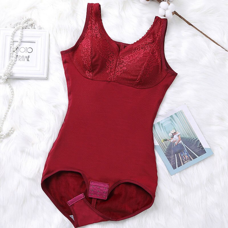 Plus Size Women&#39;s Slimming Underwear Winter Plus Velvet Thermal Bodysuit Sexy Body Shaper With Push Up Chest Pad Shapewear: Red / XXXL