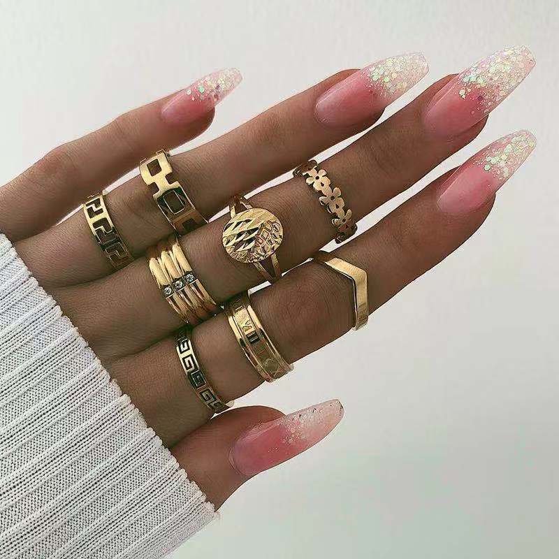 16 Style Bohemian Retro Crystal Flower Hollow Letter Gem Silver Ring Set Women Wedding Anniversary Jewelry Accessories